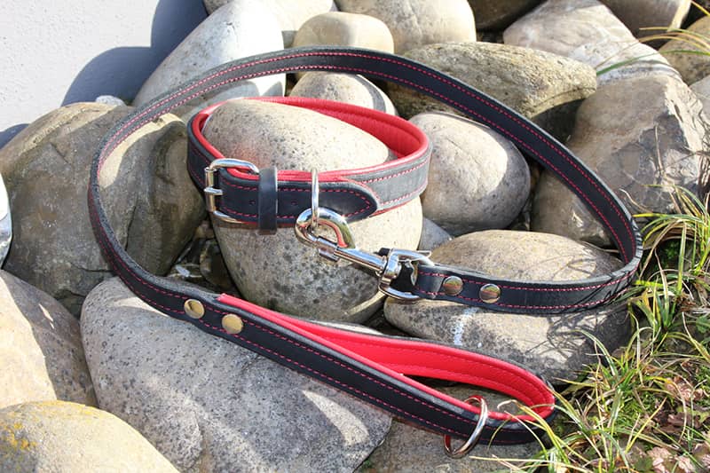 Leder Hundehalsband verstellbar schwarz-rot mit zugehöriger Lederleine 2